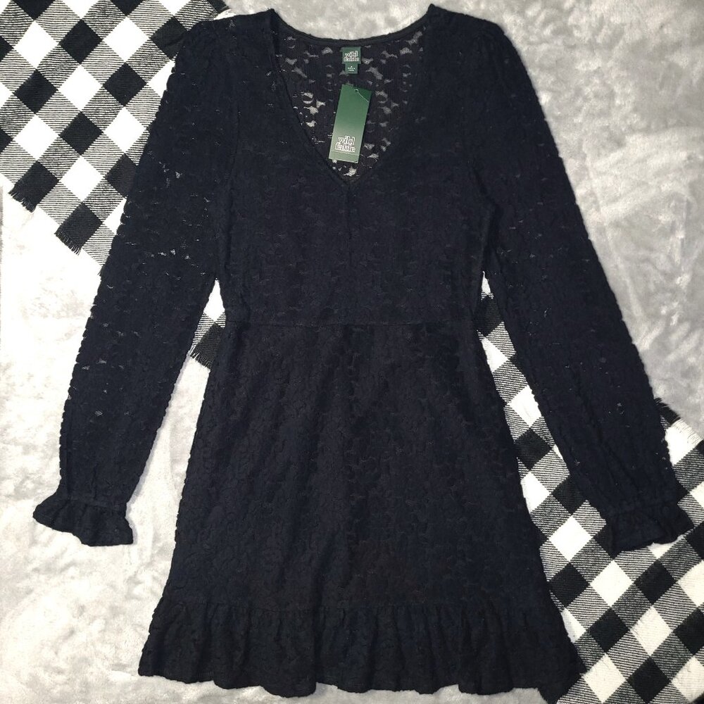 S | Wild Fable | Lace V-Neck Long Sleeve Ruffle Hem Dress